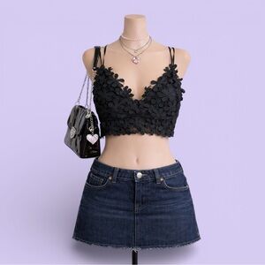 Black Floral Lace Crop Top Smocked Back Adjustable Straps Size L 100% Cotton